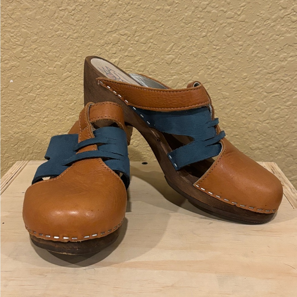 Maguba Tan and Blue Mules with Chunky Sole